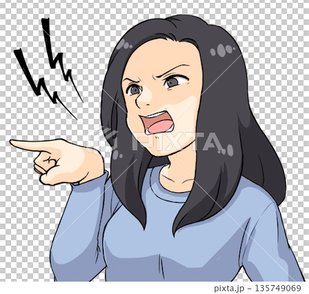 指を差すポーズで怒る女性のアニメ風イラスト 指を差すポーズで怒る女性のアニメ風イラスト 135749069