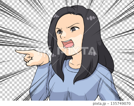 Anime-style illustration of an angry woman pointing her finger 135749070