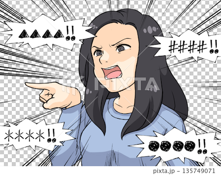 Anime-style illustration of an angry woman pointing her finger 135749071
