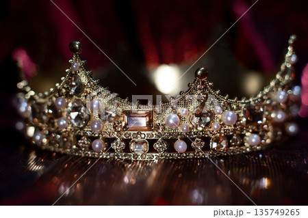 Golden crown with crystals, diamonds on dark red sparkle background. Golden crown with crystals, diamonds on dark red sparkle background. 135749265