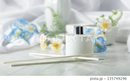 Aromatic scent of reed diffuser white glass bottle. Aromatic scent of reed diffuser white glass bottle. 135749296