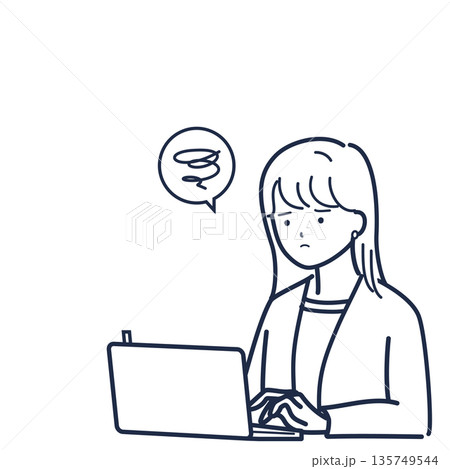 線画の会議前にパソコンで準備する女性（悩み中） 135749544