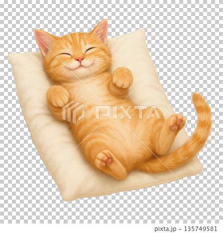 Relaxed illustration of a brown tabby kitten sleeping on its back Relaxed illustration of a brown tabby kitten sleeping on its back 135749581