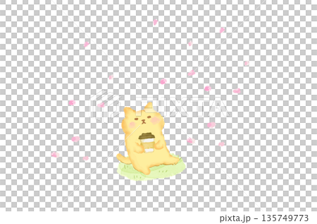Watercolor illustration of a cute cat enjoying spring with cherry blossom petals 135749773