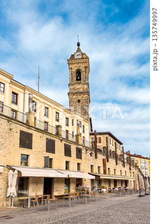Historic street in Vitoria-Gasteiz old town with traditional Basque architecture, stone buildings 135749997