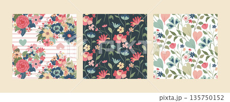 Set of three vector floral seamless patterns. A colorful endless pattern of flowers and plants. A Romantic collection 135750152