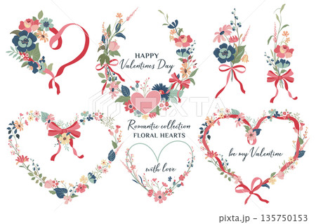 Set of vector colorful frames and arrangements with hearts, ribbons, bow, flowers and plants. Happy Valentine s Day greeting cards. Romantic collection, 135750153
