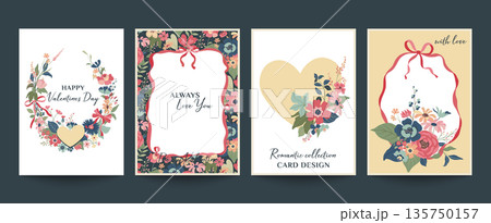 Happy Valentine s Day, Women s Day, March 8. Awesome cards and posters for the romantic holidays. Set of vector illustrations with hearts, ribbons, flowers and bouquets 135750157