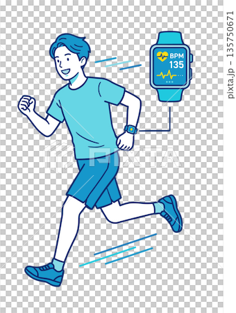 ウェアラブル端末で心拍数を計測しながら走る男性 ウェアラブル端末で心拍数を計測しながら走る男性 135750671
