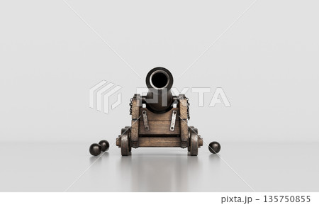 Old Medieval Cannon and Cannonballs. 3D Rendering. 135750855
