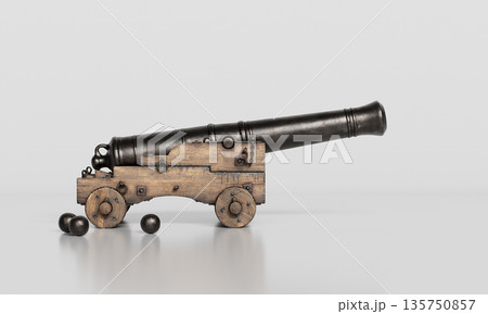 Old Medieval Cannon and Cannonballs. 3D Rendering. 135750857
