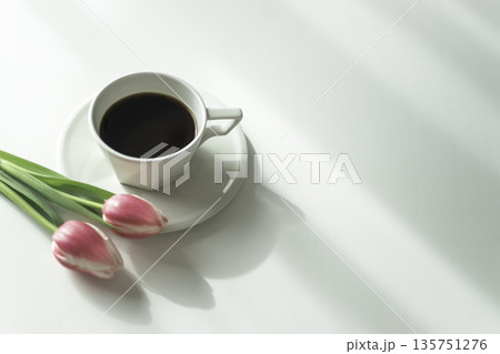 白背景にコーヒーカップとピンクのチューリップ 春の朝のコピースペース白背景にコーヒーカップとピンクの 白背景にコーヒーカップとピンクのチューリップ 春の朝のコピースペース白背景にコーヒーカップとピンクの 135751276