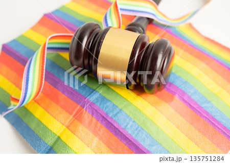 Gavel for judge lawyer on rainbow flag, symbol of LGBT pride month. 135751284