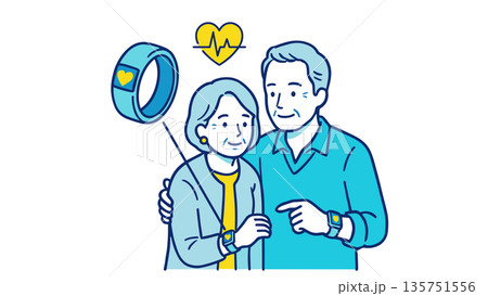ウェアラブルデバイスで健康管理をするシニア夫婦 135751556