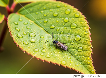 Detailed Macro Shot of a Small Black Sawfly Insect Perched on a Dewy Green Autumn Leaf with Water Droplets and Vivid Texture 135751660