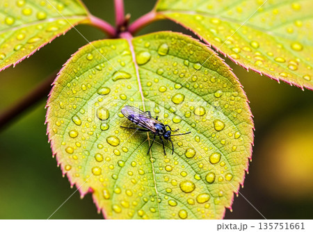 Detailed Macro Shot of a Small Black Sawfly Insect Perched on a Dewy Green Autumn Leaf with Water Droplets and Vivid Texture 135751661