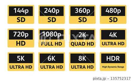 Video Resolution Labels Set from SD to 8K and HDR Icons 135752317