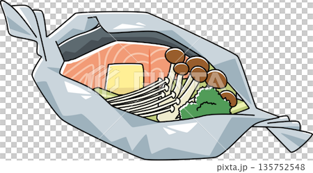 Grilled salmon wrapped in foil with plenty of vegetables 135752548