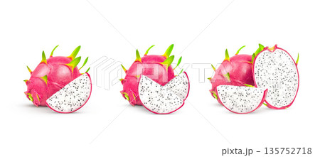 Collection dragon fruit, pitaya isolated on white background with clipping path. Cut white fleshed pitaya fruit isolated on white background. Fresh organic dragon fruit from the garden. food concept. 135752718