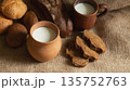 A cozy food set with fresh milk in earthenware jug and mug, various types of artisan bread, including dark rye loaf and wheat rolls on a textured burlap fabric background. 135752763