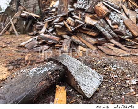 Chopping firewood in a rustic setting during winter's chill Chopping firewood in a rustic setting during winter's chill 135752945