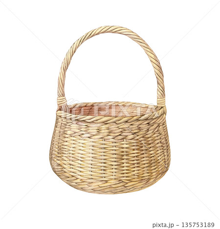Watercolor illustration of a woven wicker basket with handle, realistic hand-painted style, suitable for packaging, home decor prints, kitchen labels, farm branding, and rustic design 135753189