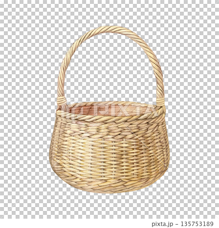 Watercolor illustration of a woven wicker basket with handle, realistic hand-painted style, suitable for packaging, home decor prints, kitchen labels, farm branding, and rustic design Watercolor illustration of a woven wicker basket with handle, realistic hand-painted style, suitable for packaging, home decor prints, kitchen labels, farm branding, and rustic design 135753189