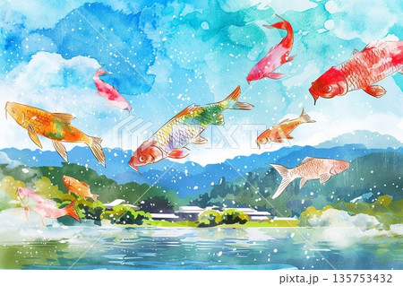 青空と新緑の風景の中を元気に泳ぐ色鮮やかな鯉のぼりの水彩画イラスト