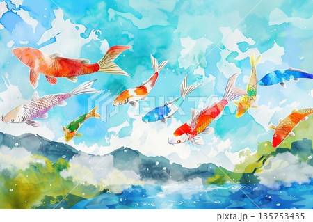 青空と新緑の風景の中を元気に泳ぐ色鮮やかな鯉のぼりの水彩画イラスト 135753435