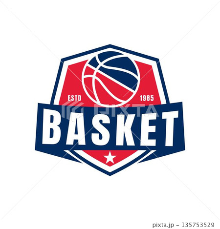 Red and Blue Basketball Shield Badge Red and Blue Basketball Shield Badge 135753529