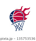 Flaming Basketball Slam Dunk into Hoop Logo 135753536