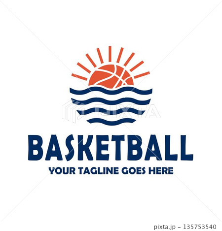 Basketball Sunset Ocean Logo Design with Waves Basketball Sunset Ocean Logo Design with Waves 135753540