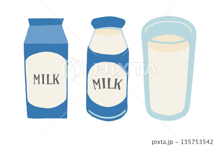 牛乳パック、牛乳瓶、コップに入った牛乳のイラストセット 牛乳パック、牛乳瓶、コップに入った牛乳のイラストセット 135753542