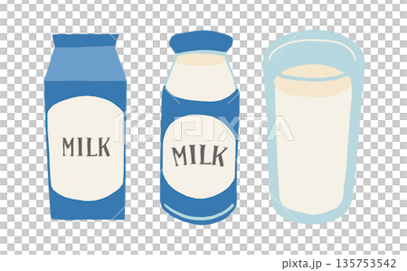 牛乳パック、牛乳瓶、コップに入った牛乳のイラストセット 牛乳パック、牛乳瓶、コップに入った牛乳のイラストセット 135753542