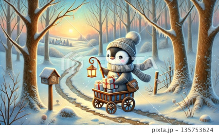 夕焼けの雪道を進むペンギン郵便屋さんと贈り物の荷車　森に広がる心温まる冬の童話風イラスト情景 135753624