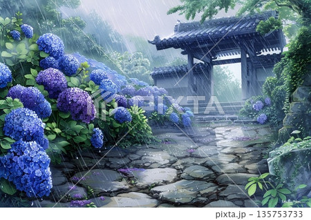 梅雨の時期に古寺へと続く石畳の道に咲く美しく情緒ある紫陽花の水彩画イラスト 135753733