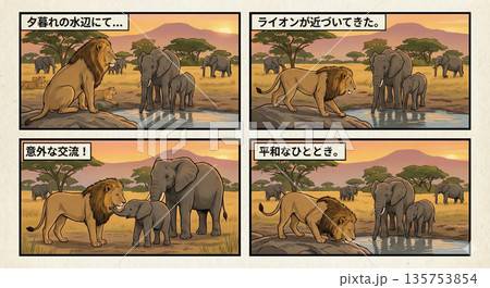 夕暮れ時、仲良しなライオンとゾウ。 夕暮れ時、仲良しなライオンとゾウ。 135753854