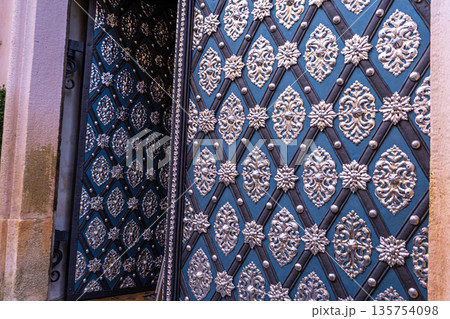Ornate Double Doors with Blue and Silver Detailing Ornate Double Doors with Blue and Silver Detailing 135754098