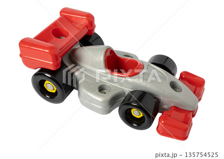 Plastic toy racing car with red and silver colors isolated on white background 135754525