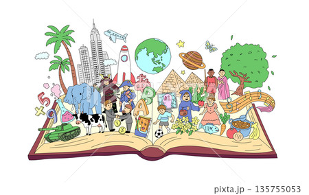 本から広がる世界と学びを表現した教育イラスト 135755053
