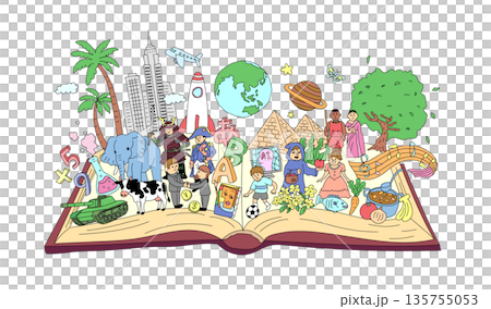 本から広がる世界と学びを表現した教育イラスト 135755053
