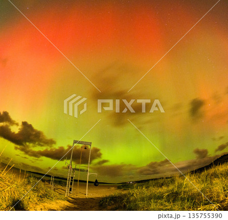 The Aurora Borealis, the northern lights, showing up at the beach gym in Portnoo, County Donegal, Ireland. 135755390