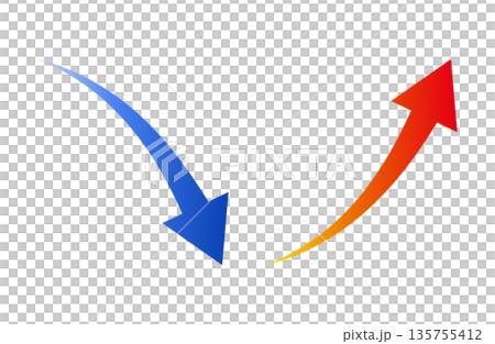 A set of vector illustrations of a red rising arrow pointing upward to the right and a blue falling arrow pointing downward to the right A set of vector illustrations of a red rising arrow pointing upward to the right and a blue falling arrow pointing downward to the right 135755412