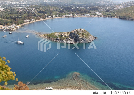 Bird`s-eye view of gumusluk, (Bodrum) and the island 135755558