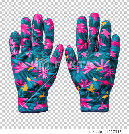 Colorful gardening gloves with floral design on a white isolate background. 135755744
