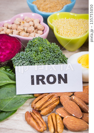 Healthy ingredients containing iron, vitamins and minerals. Best food in fight against anemia Healthy ingredients containing iron, vitamins and minerals. Best food in fight against anemia 135755850