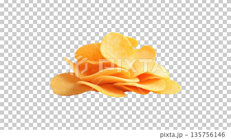 A close-up view of crispy potato chips stacked on a black background, perfect for snack-related themes and food photography. 135756146