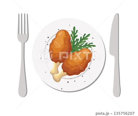 Fried chicken drumsticks with arugula and cutlery. Fried chicken legs on plate with fork and knife. Food illustration. 135756207
