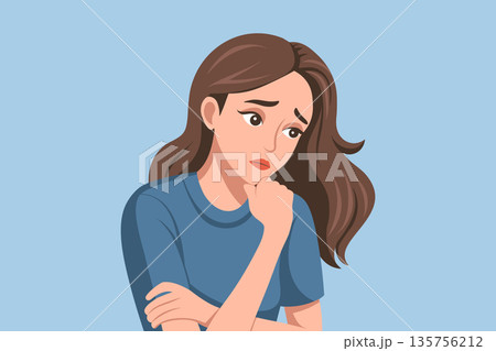 Sad young woman suffering. Worried woman thinking. Illustration. Sad young woman suffering. Worried woman thinking. Illustration. 135756212