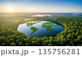 Conceptual World Map Island In Green Forest Lake Aerial View. AI Generated Conceptual World Map Island In Green Forest Lake Aerial View. AI Generated 135756281